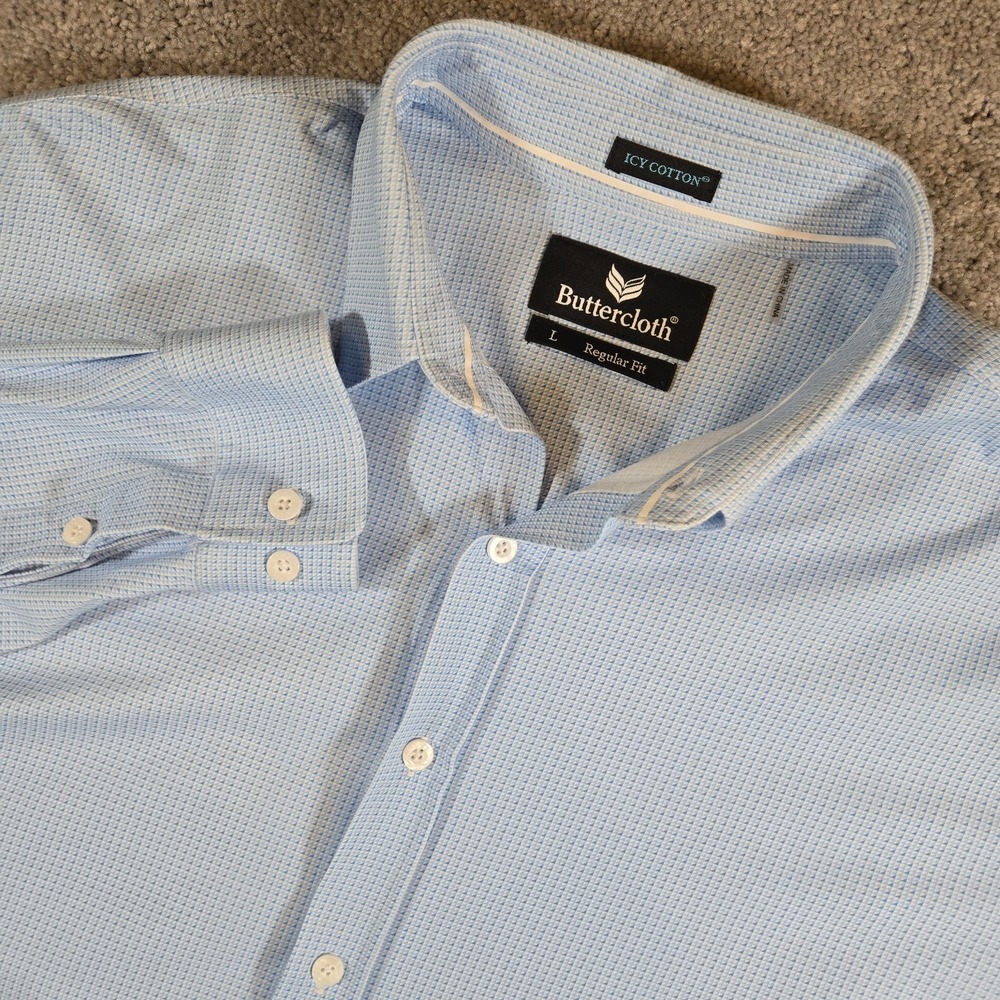 ButterCloth Men's Icy Cotton Blue Large Long Sleeve Button Up Geometric Print